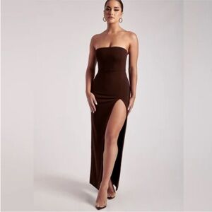 Meshki Chocolate Brown Strapless Maxi Dress with High Slit